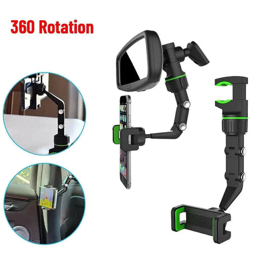 Mandotos 360° adjustable car mirror phone mount attached to rearview mirror, holding a smartphone securely for easy access while driving.