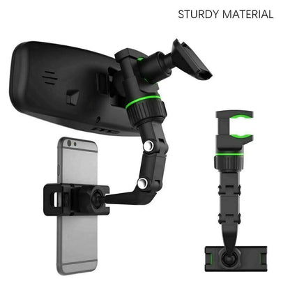 Mandotos 360° adjustable car mirror phone mount attached to side mirror, holding smartphone securely for hands-free use.