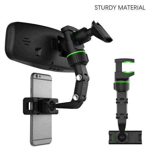 Mandotos 360° adjustable car mirror phone mount attached to side mirror, holding smartphone securely for hands-free use.