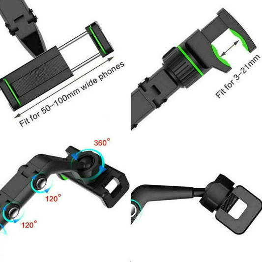 Mandotos 360° adjustable car mirror phone mount attached to rearview mirror for hands-free device use.