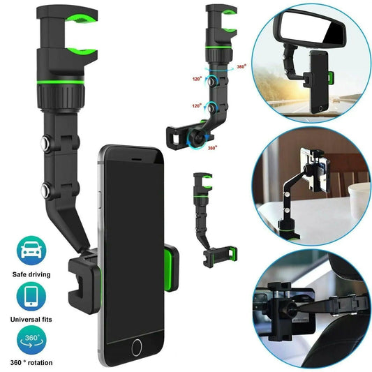 Mandotos 360° adjustable car mirror phone mount attached to rearview mirror for hands-free device use.
