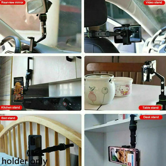 Mandotos 360° adjustable car mirror phone mount attached to vehicle mirror for secure hands-free phone use.