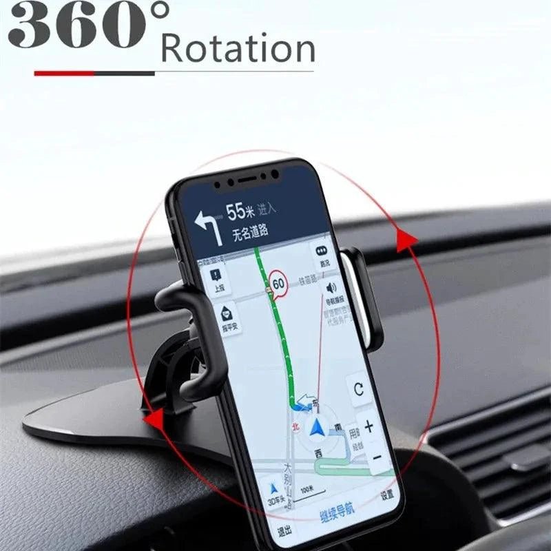 Mandotos 360° rotatable car phone holder, universal dashboard mount for mobile phones, auto grip fixed bracket for vehicles.