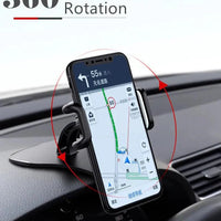 Mandotos 360 rotatable car phone holder, universal dashboard mount for mobile phones, adjustable auto grip, secure car rack bracket.
