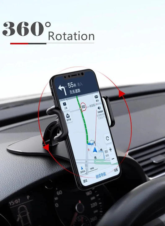 Mandotos 360 rotatable car phone holder, universal dashboard mount for mobile phones, adjustable auto grip, secure car rack bracket.