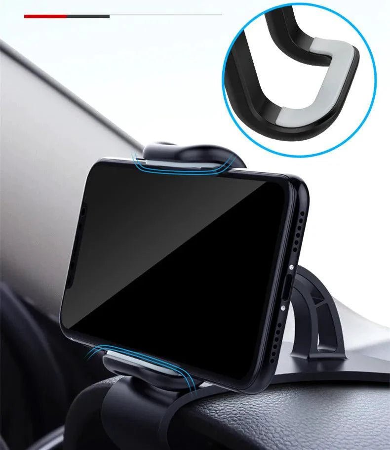 Mandotos 360° rotatable car phone holder, universal dashboard mount for mobile phones, auto grip support, fixed bracket design.