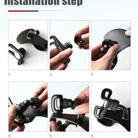 Mandotos 360° rotatable car phone holder, universal dashboard mount for mobile phones, auto grip fixed bracket, black plastic design.