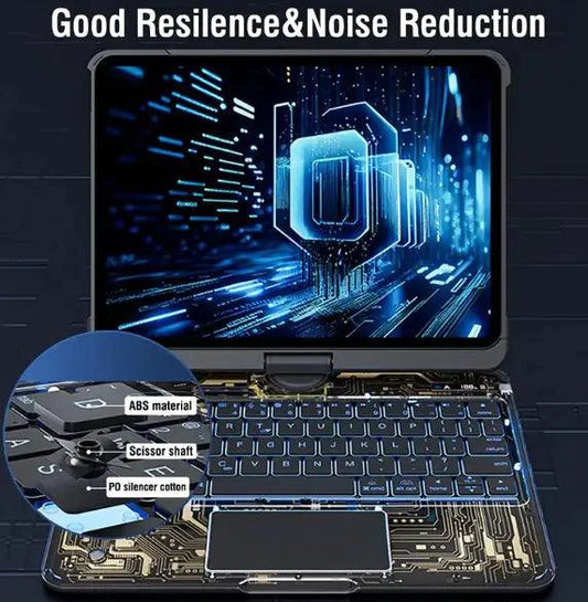Mandotos 360° swivel keyboard clear case showing transparent cover and flexible design for protection and easy access.