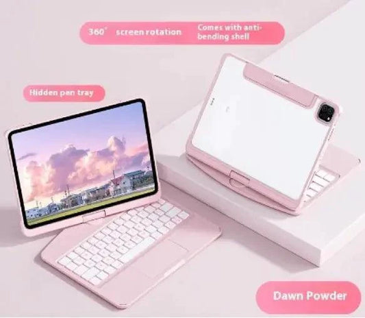 Mandotos 360° swivel keyboard clear case showing transparent design and adjustable stand for versatile device protection.