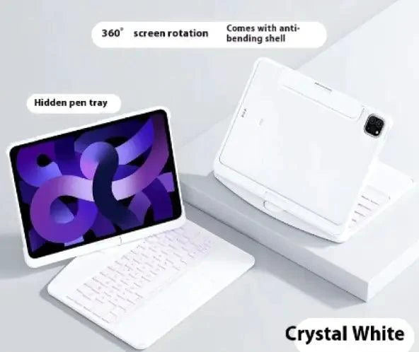 Mandotos 360° swivel keyboard clear case showing transparent design with adjustable stand and protective cover.