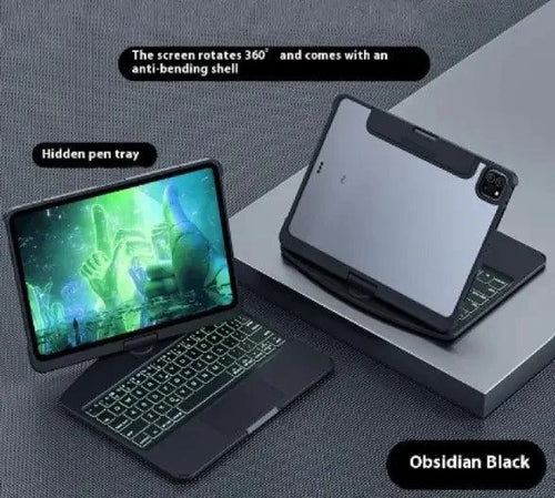 Mandotos 360° swivel keyboard clear case showing transparent design and secure fit for a sleek, modern look.