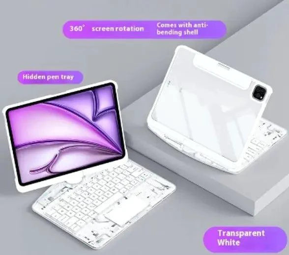 Mandotos 360° swivel keyboard clear case showing transparent protective cover with keyboard inside for versatile device protection
