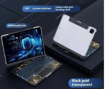 Mandotos 360° swivel keyboard clear case showing transparent design and adjustable stand for easy typing and viewing.