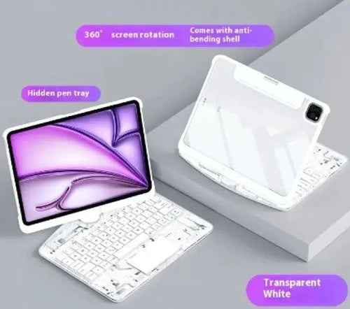Mandotos 360° swivel keyboard clear case showing a transparent protective cover with a keyboard inside.
