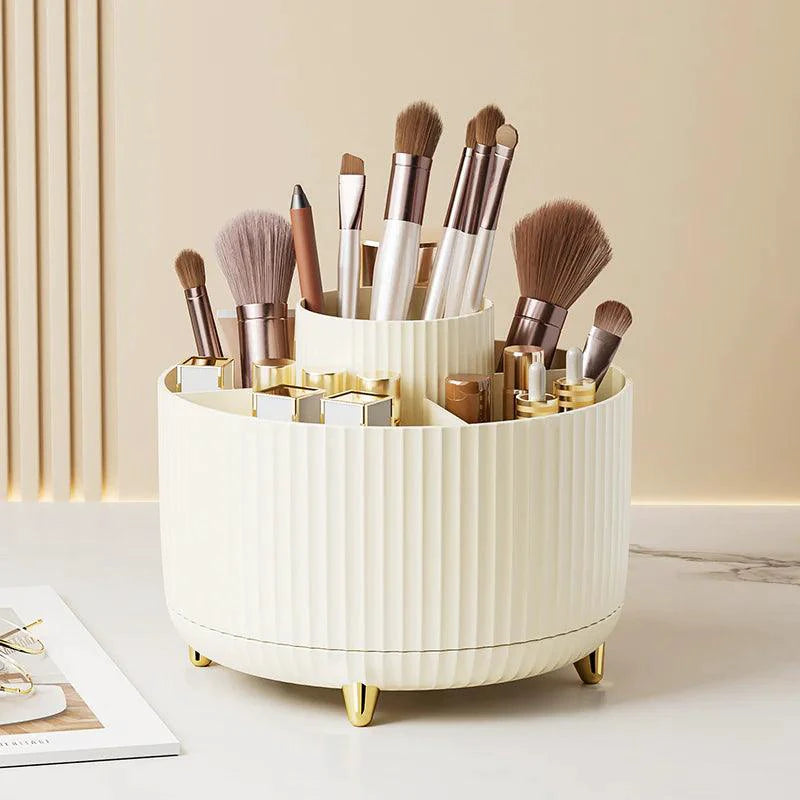 Mandotos 360° swivel makeup brush holder with multiple compartments for organizing brushes and cosmetics.