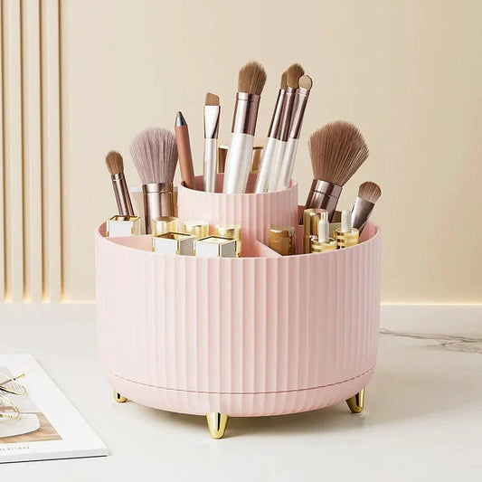 Mandotos 360° swivel makeup brush holder with multiple compartments for organizing brushes and beauty tools