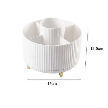 Mandotos 360° swivel makeup brush holder with multiple compartments for organizing brushes and beauty tools.