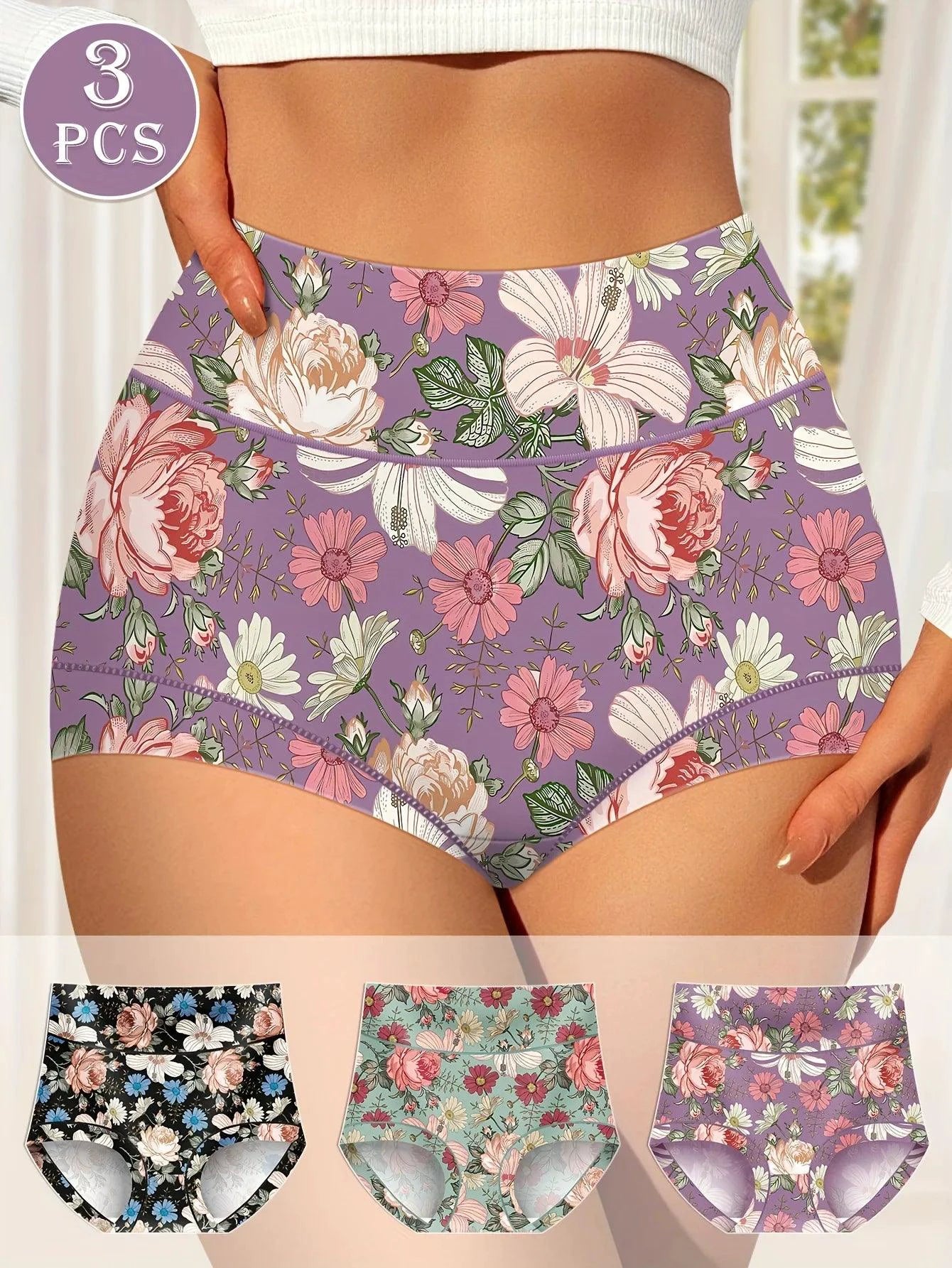 Mandotos 3-piece high-waisted women's panties with printed patterns, tummy tightening, hip lifting, and comfortable fit.