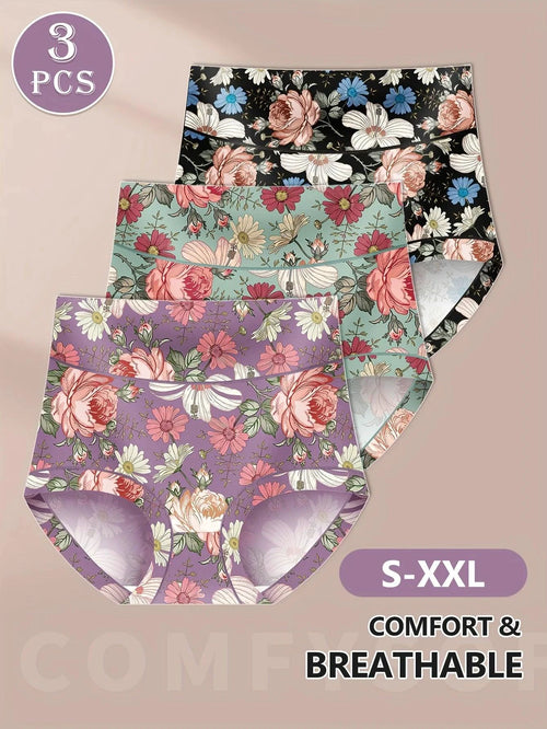 Three pairs of MANDOTOS high-waisted women's panties with printed patterns, tummy tightening, and hip lifting for a comfortable fit.
