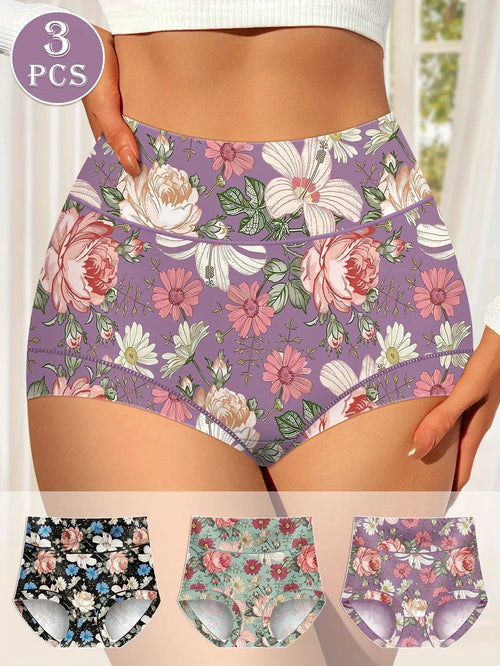 Three pairs of MANDOTOS high-waisted women's panties with printed patterns, tummy tightening, and hip-lifting design for a comfortable fit.