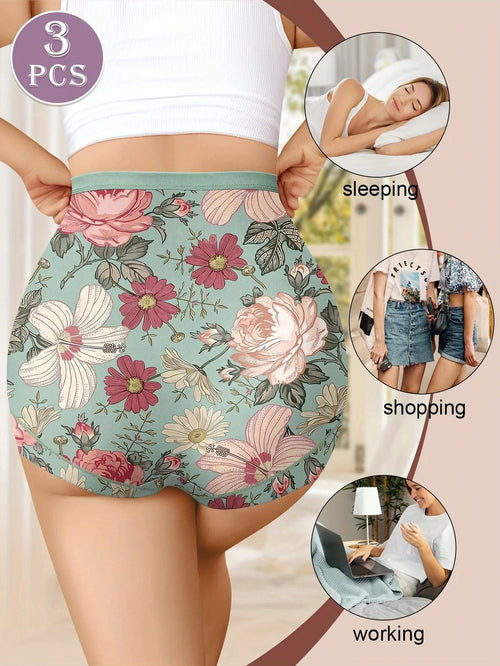Mandotos 3-pack high-waisted women's panties with printed patterns, tummy tightening, and hip-lifting design for comfortable fit.