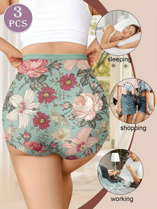 Mandotos 3-pack high-waisted women's panties with printed patterns, tummy tightening, and hip-lifting design for comfortable fit.