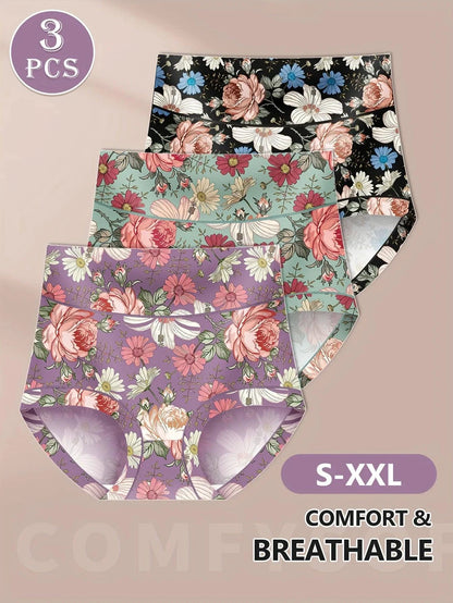 Set of three MANDOTOS high-waisted women's panties with printed patterns, tummy tightening, and hip lifting for comfortable fit.