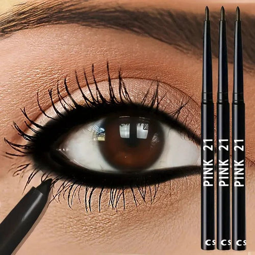 Set of three waterproof black eyeliner pencils by MANDOTOS, smudge-proof, long-lasting, ideal for beginner eye makeup.
