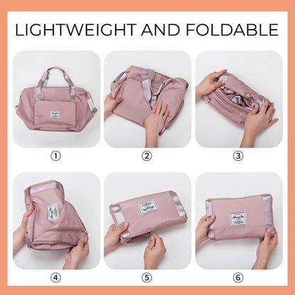 Mandotos foldable waterproof travel bag with large capacity, ideal for gym, fitness, and overnight trips for women.