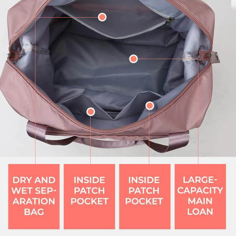 Mandotos foldable waterproof travel bag with large capacity, ideal for gym, fitness, and overnight trips for women.