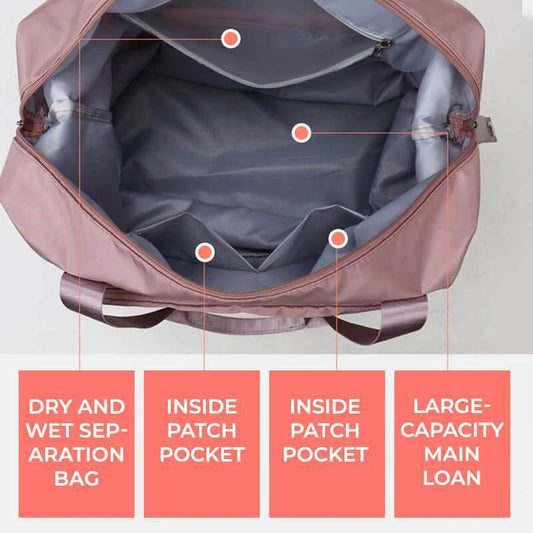 Mandotos foldable waterproof travel bag with large capacity, ideal for gym, fitness, and overnight trips for women.