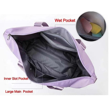Mandotos foldable waterproof travel bag with large capacity for gym, fitness, weekender, and overnight trips for women.