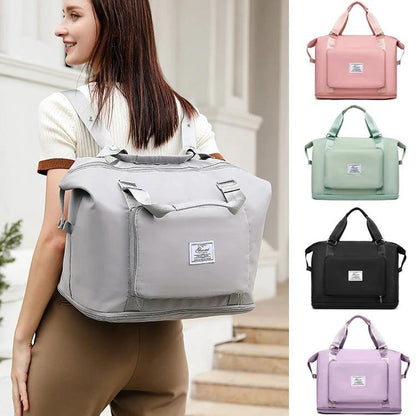 Mandotos folding travel bag for women, versatile backpack, shoulder bag, gym, fitness, weekender, and overnight use.