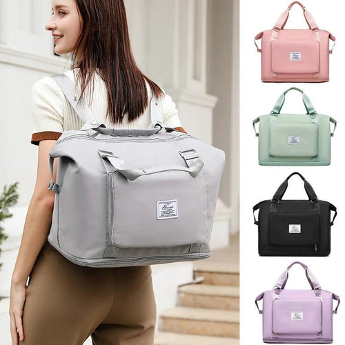 Mandotos folding travel bag for women, versatile backpack, shoulder bag, gym, fitness, weekender, and overnight use.