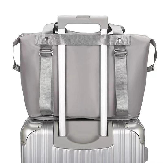 Mandotos folding travel bag for women, versatile backpack, shoulder, gym, weekender, and overnight bag in compact design.