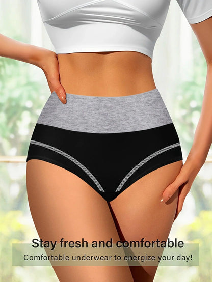Mandotos 4-pack of high-waisted women's tummy tightening panties in breathable, comfortable fabric with shaping triangle design.
