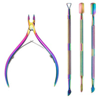 Mandotos 4-piece stainless steel nail cutter set with scissors, nippers, cuticle pusher, and remover for professional nail care.