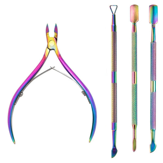 Mandotos 4-piece stainless steel nail cutter set with scissors, nippers, cuticle pusher, and remover for professional nail care.