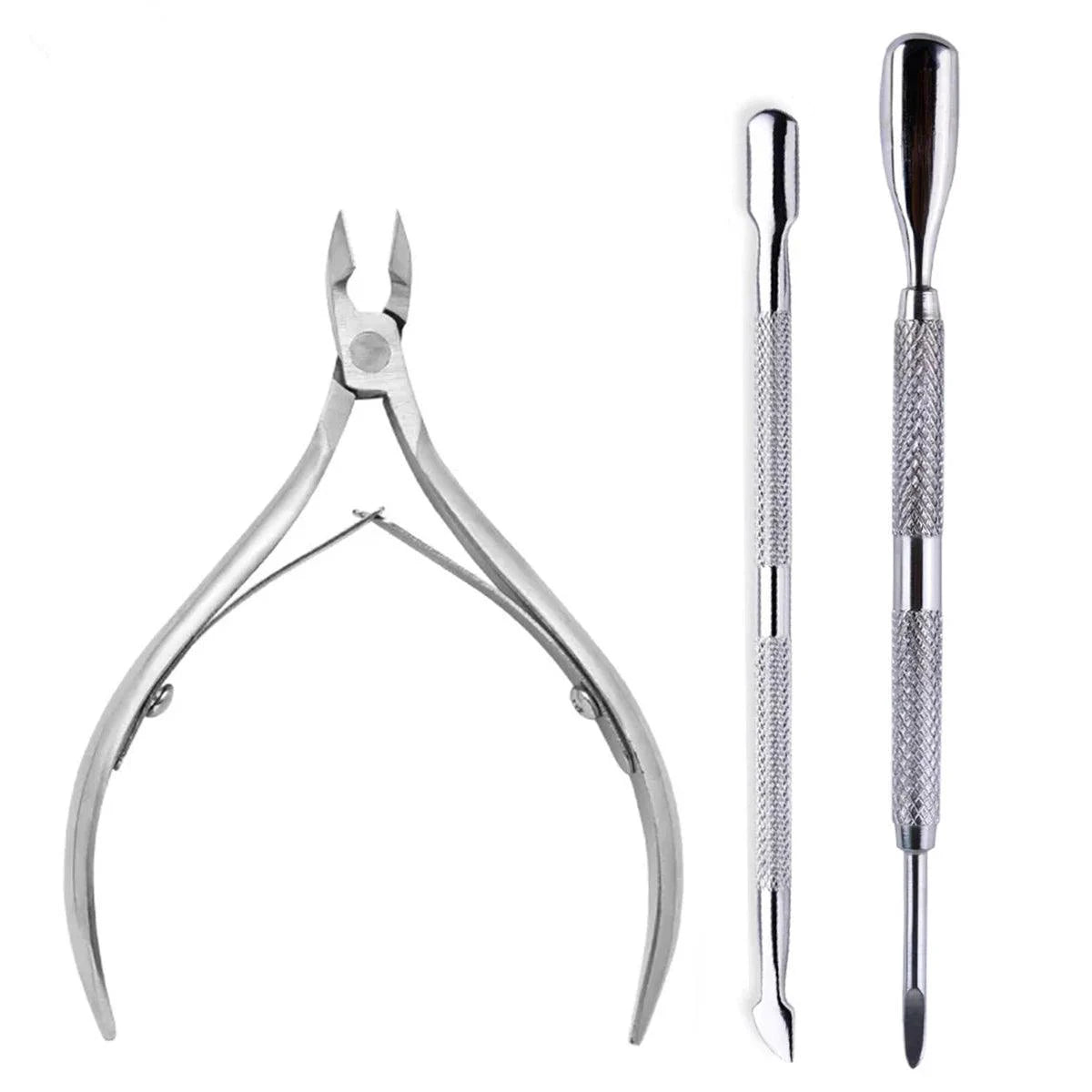 Mandotos 4-piece stainless steel nail cutter and scissors set with cuticle pusher for professional manicure and nail care.