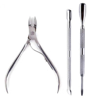 Mandotos 4-piece stainless steel nail cutter and scissors set with cuticle pusher and nippers for professional nail care and manicure.