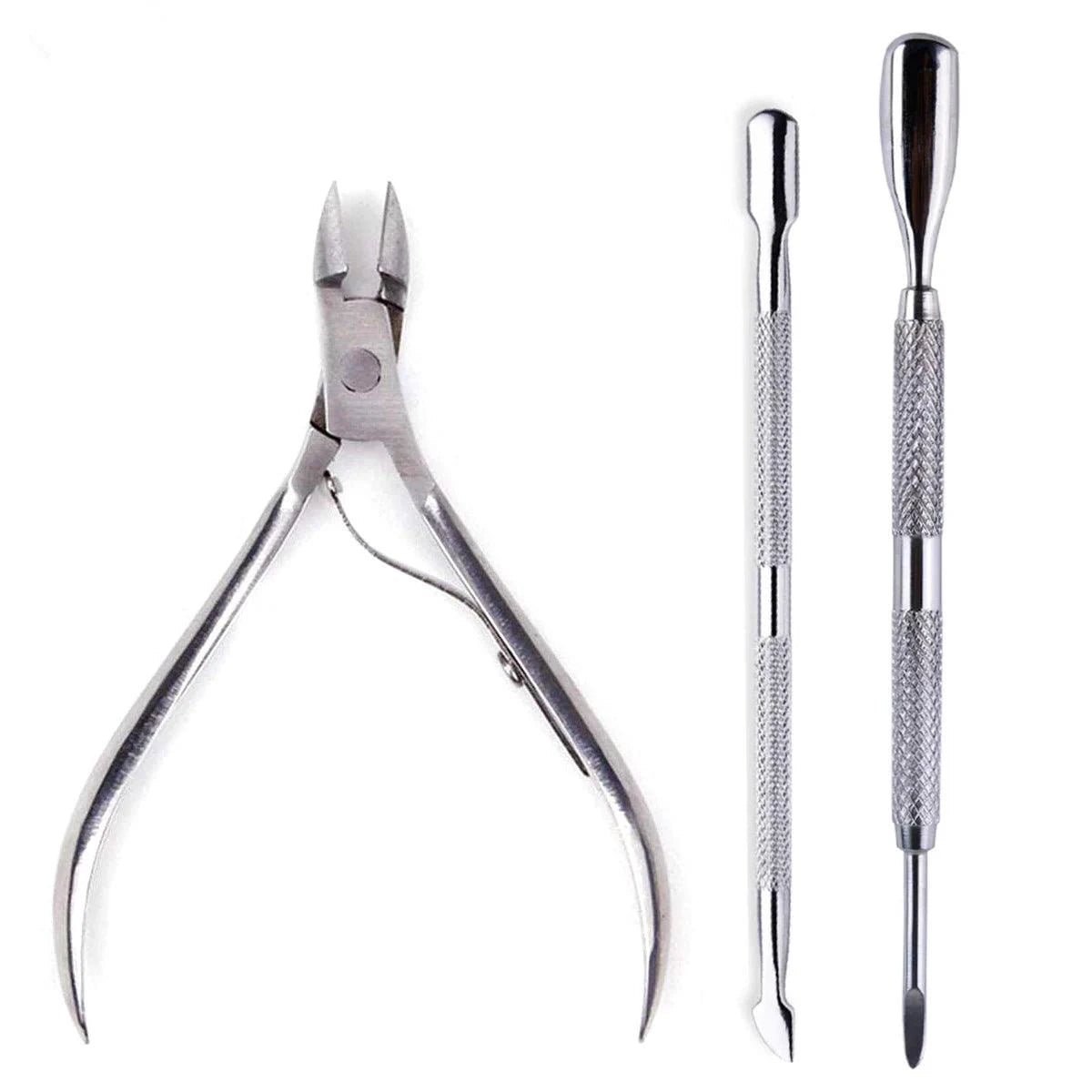 Mandotos 4-piece stainless steel nail cutter and scissors set with cuticle pusher and nippers for professional nail care and manicure.
