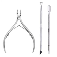 Mandotos 4-piece stainless steel nail cutter set with scissors, nippers, cuticle pusher, and remover for professional manicure care.