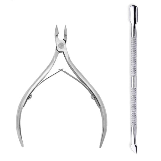 Mandotos 4-piece stainless steel nail cutter and scissors set with cuticle pusher and remover for professional nail care and manicure.