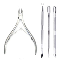 Set of four professional stainless steel nail cutters, scissors, nippers, and cuticle pusher for nail care and manicure routines.