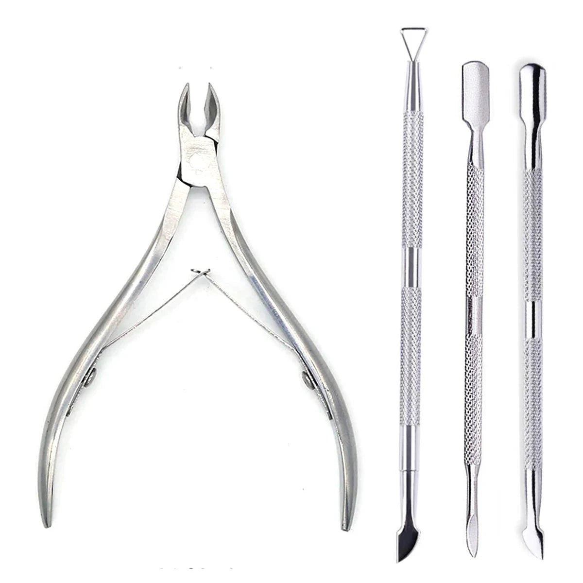 Set of four professional stainless steel nail cutters, scissors, nippers, and cuticle pusher for nail care and manicure routines.