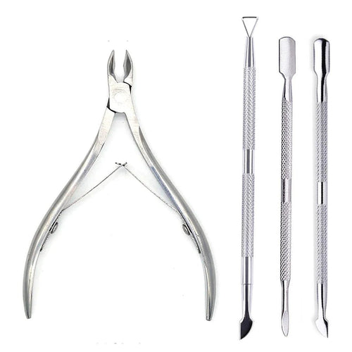 Set of four professional stainless steel nail cutters, scissors, nippers, and cuticle pusher for nail care and manicure routines.