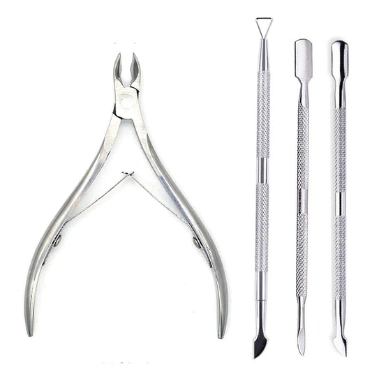 Set of four professional stainless steel nail cutters, scissors, nippers, and cuticle pusher for nail care and manicure routines.