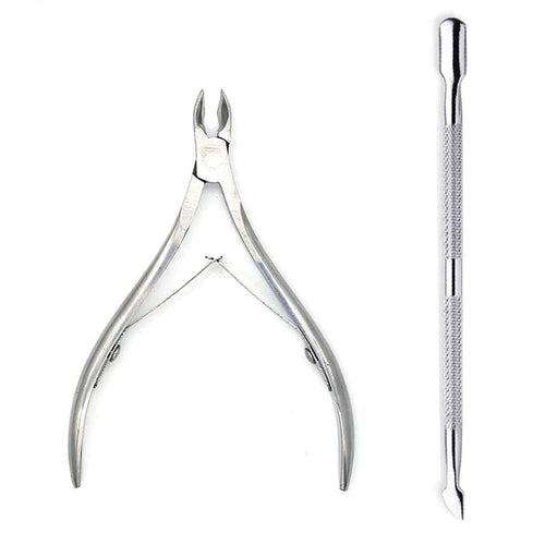 Mandotos 4-piece stainless steel nail care set with nail scissors, nippers, cuticle pusher, and remover for professional manicure use.