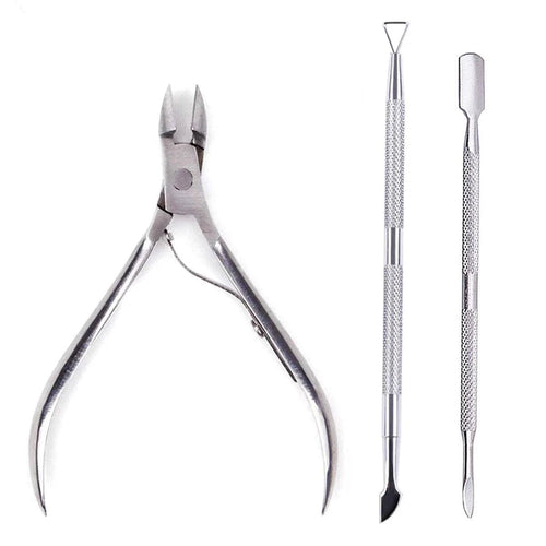Mandotos 4-piece stainless steel nail cutter set with scissors, nippers, and cuticle pusher for professional manicure and nail care.