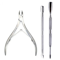 Mandotos 4-piece stainless steel nail cutter set with scissors, nippers, cuticle pusher, and remover for professional nail care.